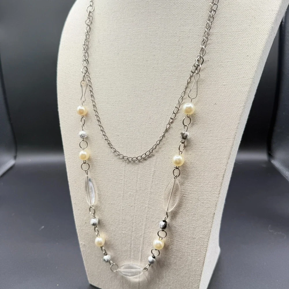 Silver Tone Faux Pearl Clear Bead Long Layering Necklace Y2K Boho Statement